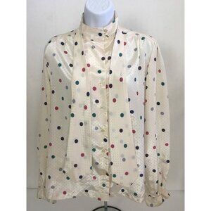 Sakowitz Top Sz 16 Cream w Colorful Polka Dots Button Up High Collar Tie Collar